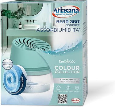 Ariasana Aero 360° Compact - Absorbedor de humedad de color turquesa - Colección Compact - 1 deshumidificador y 1 tableta de recarga de 450 g - Absorbe la humedad para la circulación del aire -